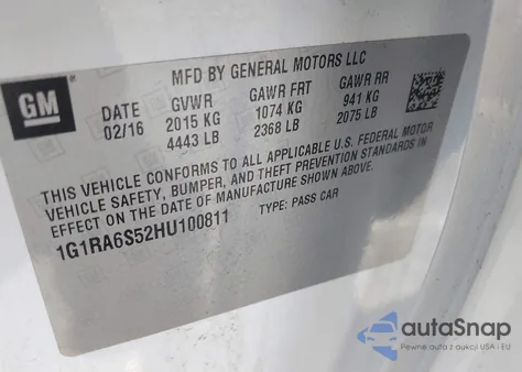 2017 Chevrolet Volt Lt из США, поврежденный, VIN 1G1RA6S52HU100811